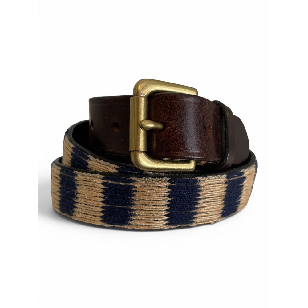 J.Crew USA Made Italian Leather Woven Jute Mens 40 Belt Navy Stripe Brass 31010